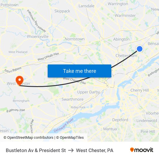 Bustleton Av & President St to West Chester, PA map