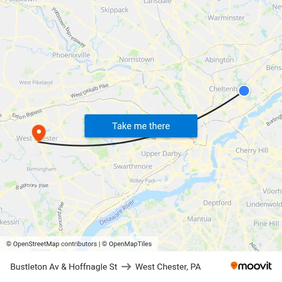 Bustleton Av & Hoffnagle St to West Chester, PA map