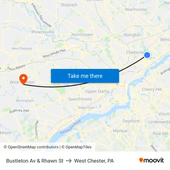 Bustleton Av & Rhawn St to West Chester, PA map
