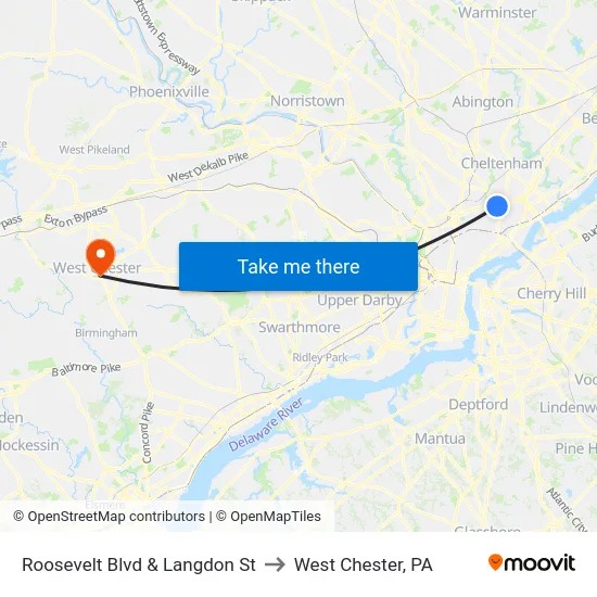 Roosevelt Blvd & Langdon St to West Chester, PA map