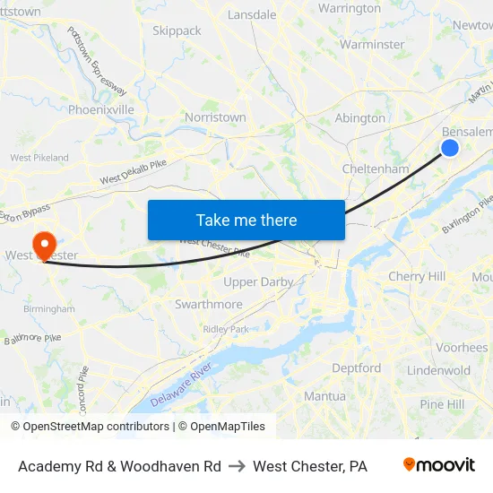 Academy Rd & Woodhaven Rd to West Chester, PA map