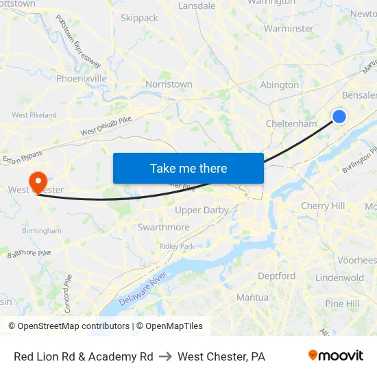 Red Lion Rd & Academy Rd to West Chester, PA map