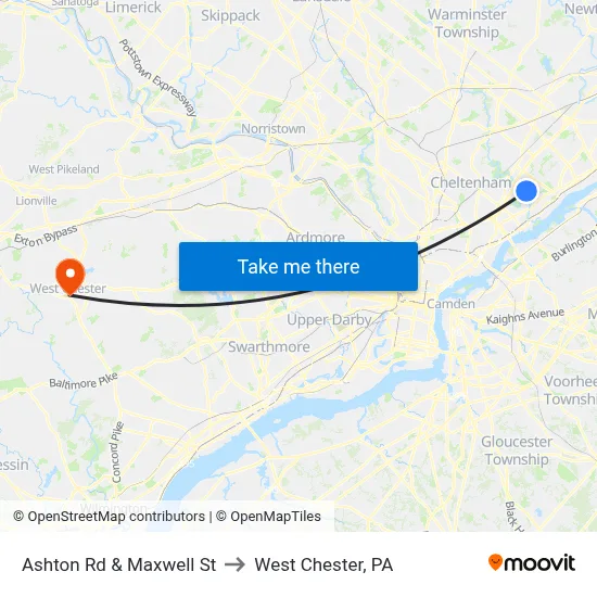 Ashton Rd & Maxwell St to West Chester, PA map