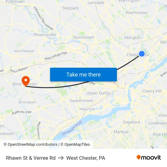 Rhawn St & Verree Rd to West Chester, PA map