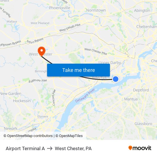 Airport Terminal A to West Chester, PA map