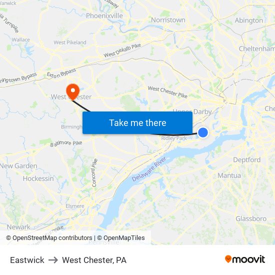 Eastwick to West Chester, PA map