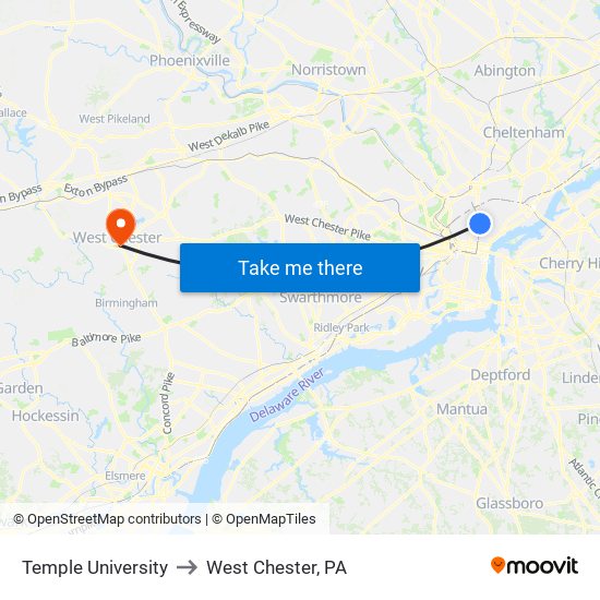 Temple University to West Chester, PA map