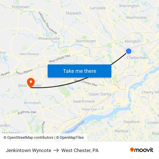 Jenkintown Wyncote to West Chester, PA map