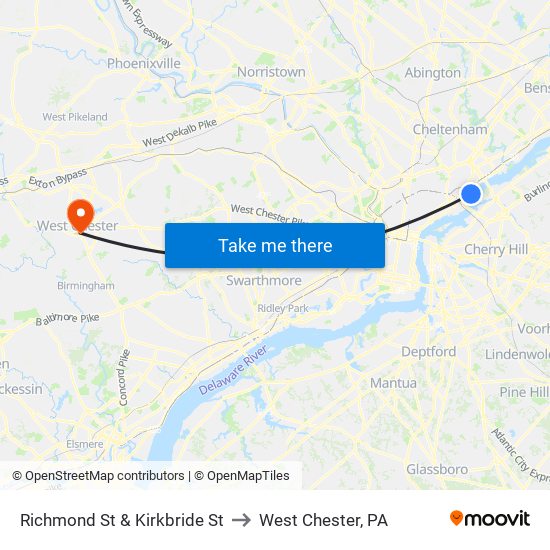 Richmond St & Kirkbride St to West Chester, PA map