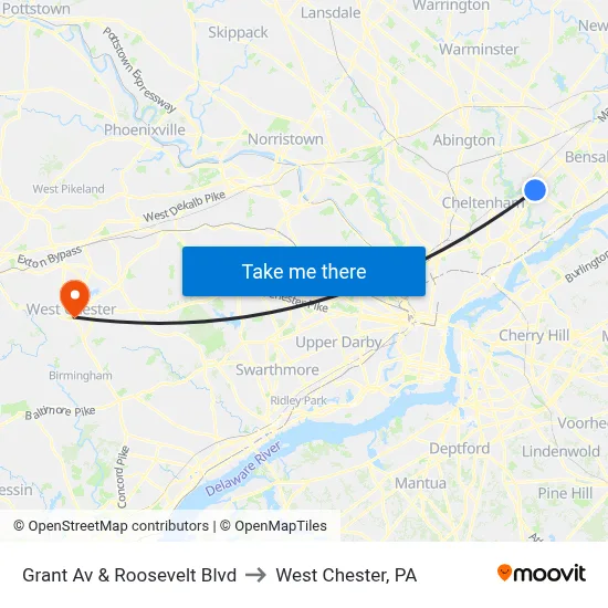 Grant Av & Roosevelt Blvd to West Chester, PA map