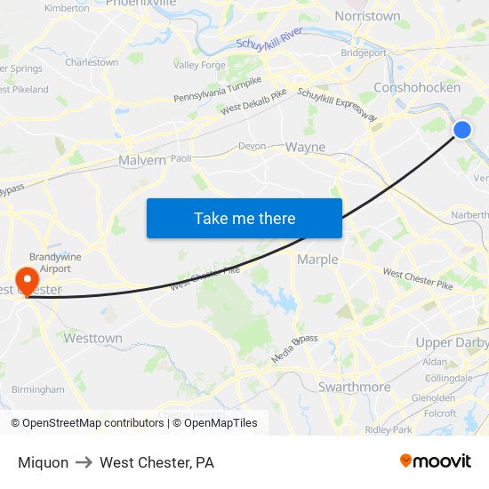 Miquon to West Chester, PA map