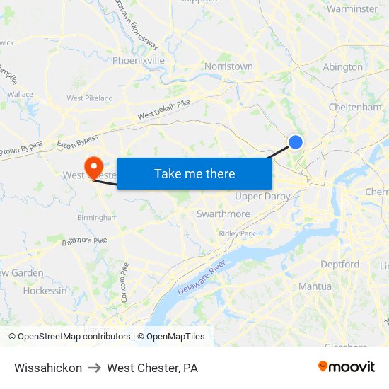 Wissahickon to West Chester, PA map