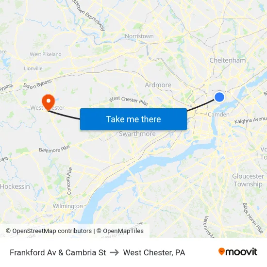 Frankford Av & Cambria St to West Chester, PA map