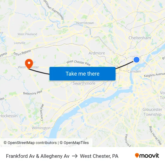 Frankford Av & Allegheny Av to West Chester, PA map