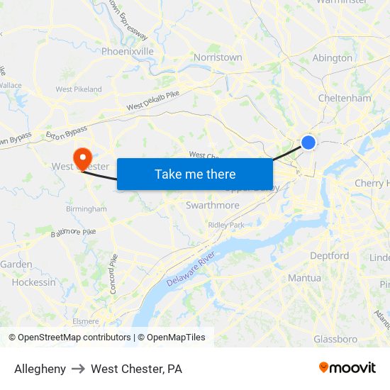 Allegheny to West Chester, PA map