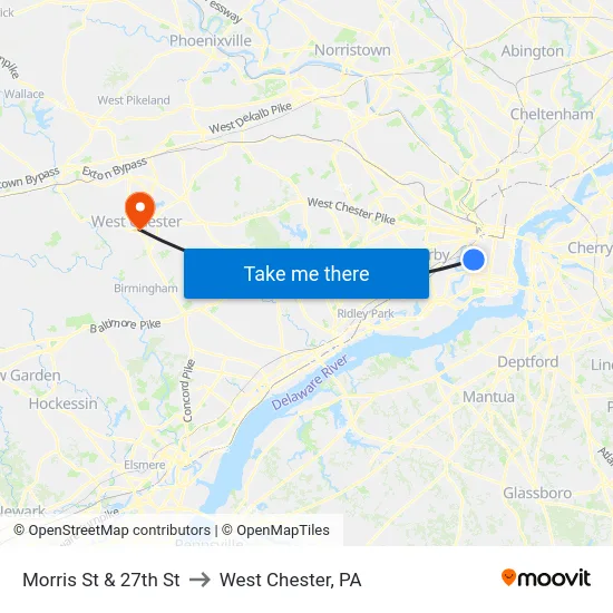 Morris St & 27th St to West Chester, PA map