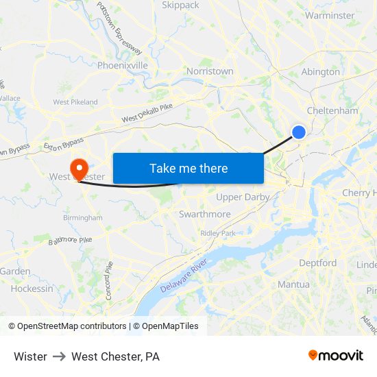 Wister to West Chester, PA map
