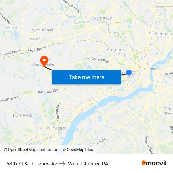 58th St & Florence Av to West Chester, PA map