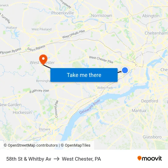 58th St & Whitby Av to West Chester, PA map