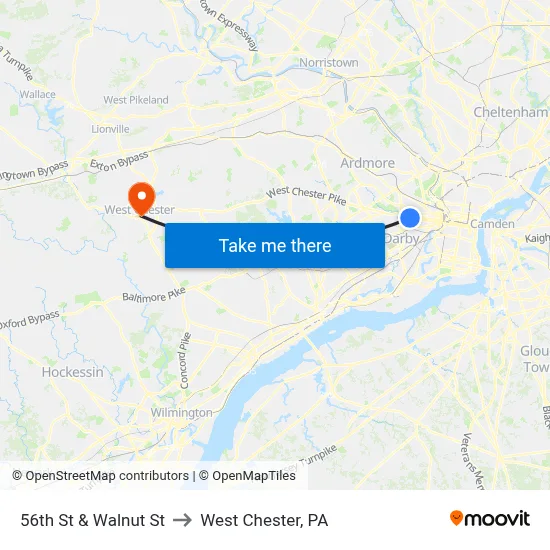 56th St & Walnut St to West Chester, PA map