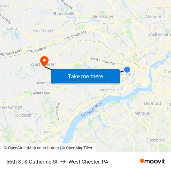 56th St & Catherine St to West Chester, PA map