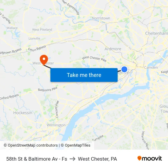 58th St & Baltimore Av - Fs to West Chester, PA map