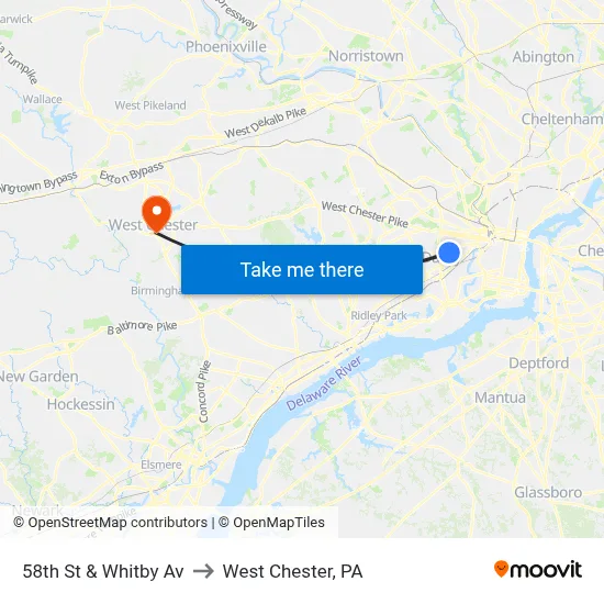 58th St & Whitby Av to West Chester, PA map