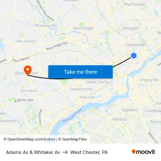 Adams Av & Whitaker Av to West Chester, PA map