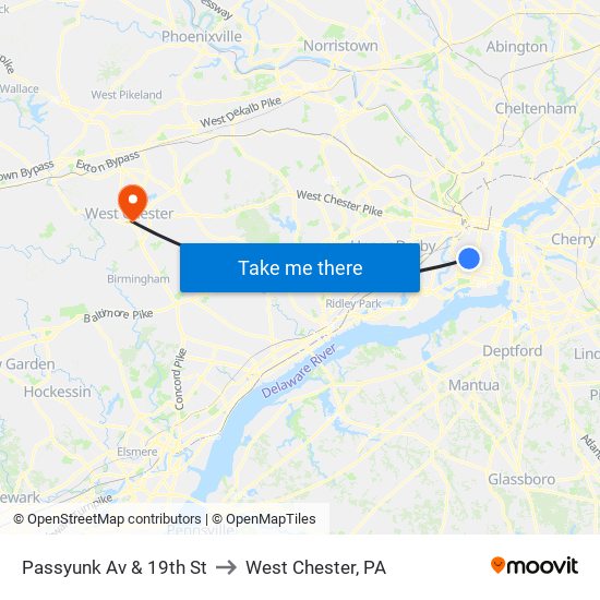 Passyunk Av & 19th St to West Chester, PA map