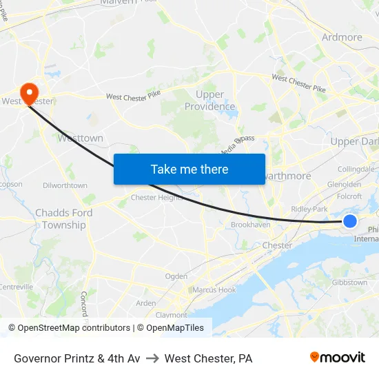 Governor Printz & 4th Av to West Chester, PA map