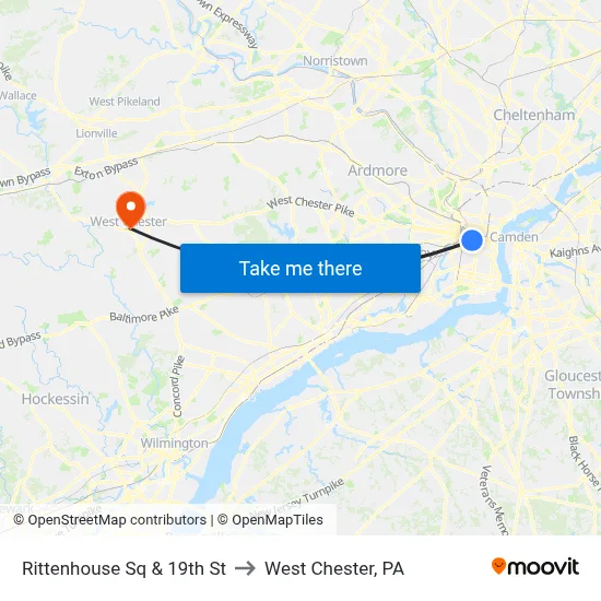 Rittenhouse Sq & 19th St to West Chester, PA map