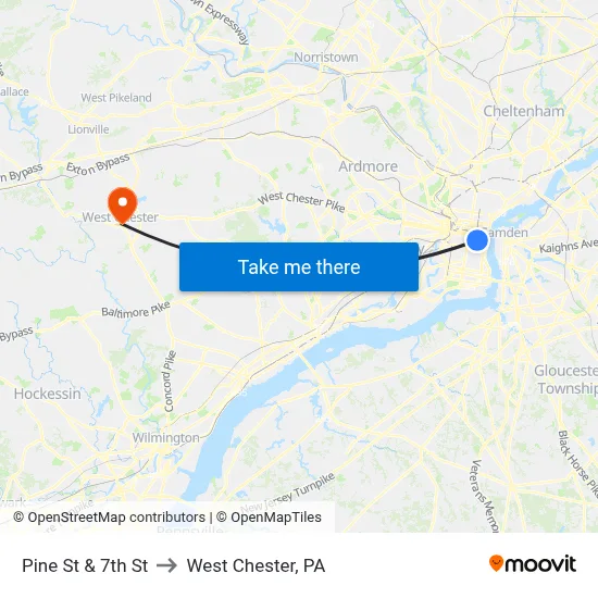 Pine St & 7th St to West Chester, PA map