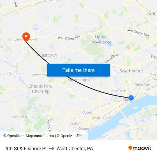 9th St & Elsinore Pl to West Chester, PA map