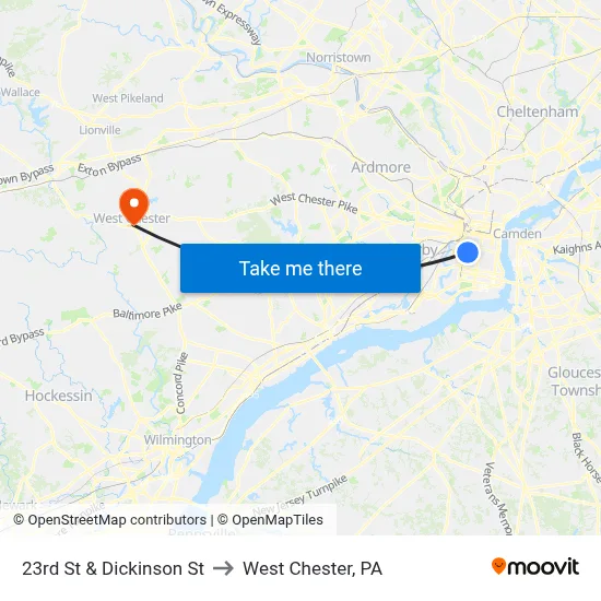 23rd St & Dickinson St to West Chester, PA map