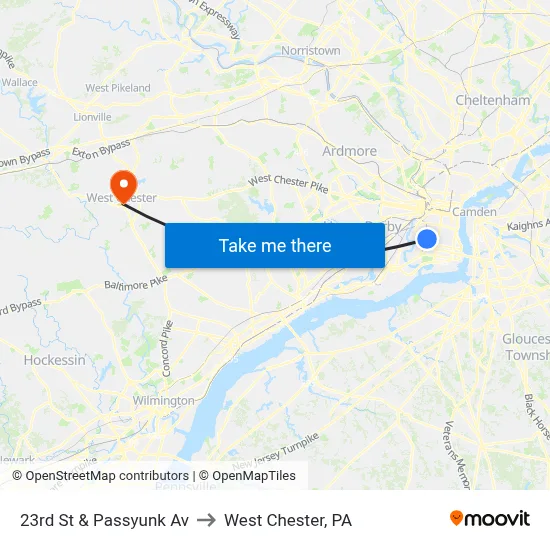23rd St & Passyunk Av to West Chester, PA map