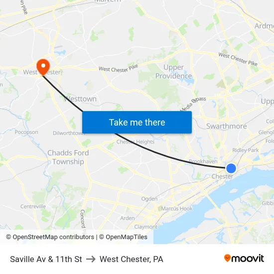 Saville Av & 11th St to West Chester, PA map