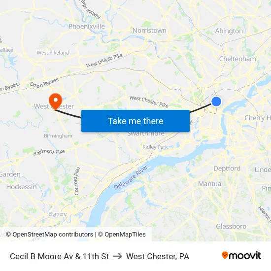 Cecil B Moore Av & 11th St to West Chester, PA map