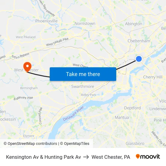 Kensington Av & Hunting Park Av to West Chester, PA map