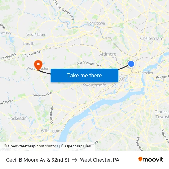 Cecil B Moore Av & 32nd St to West Chester, PA map