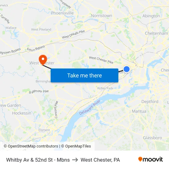 Whitby Av & 52nd St - Mbns to West Chester, PA map