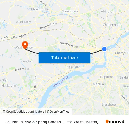Columbus Blvd & Spring Garden St to West Chester, PA map