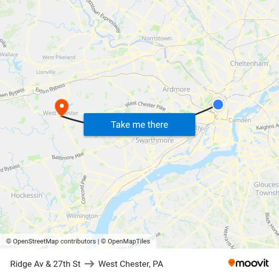 Ridge Av & 27th St to West Chester, PA map