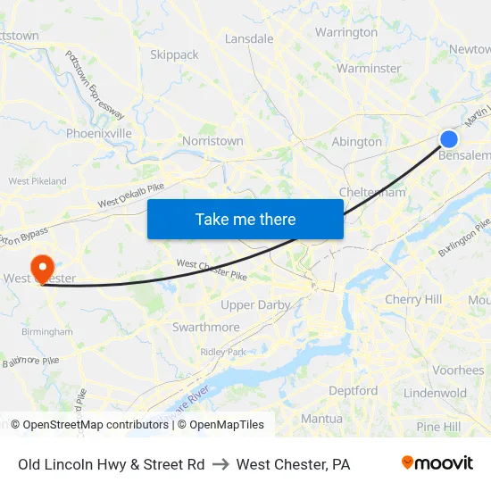 Old Lincoln Hwy & Street Rd to West Chester, PA map