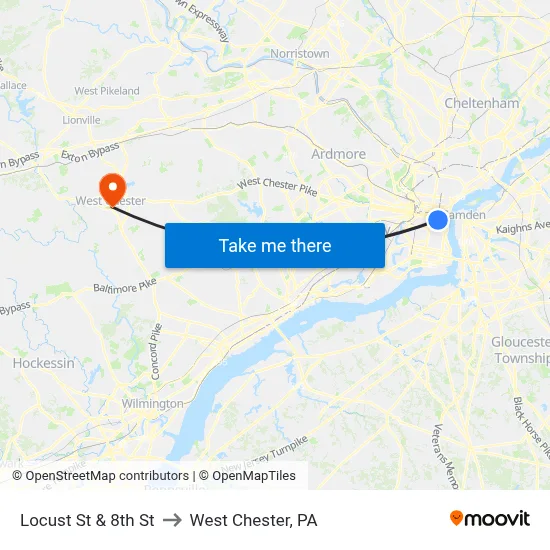 Locust St & 8th St to West Chester, PA map