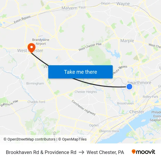 Brookhaven Rd & Providence Rd to West Chester, PA map