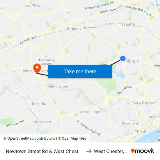 Newtown Street Rd & West Chester Pk to West Chester, PA map