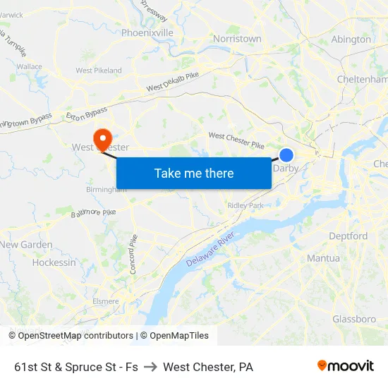 61st St & Spruce St - Fs to West Chester, PA map