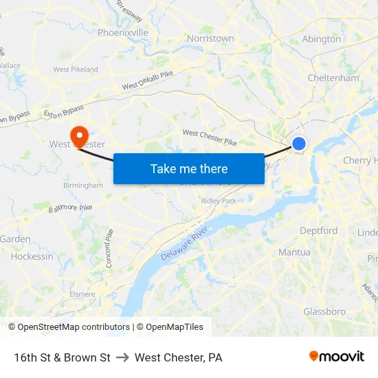 16th St & Brown St to West Chester, PA map