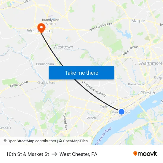 10th St & Market St to West Chester, PA map
