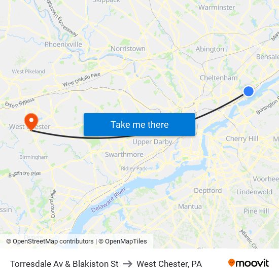 Torresdale Av & Blakiston St to West Chester, PA map